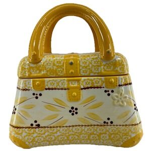 Temp-Tations Old World "Tara" Yellow Purse Cookie Jar Ceramic w/ Lid Cottagecore